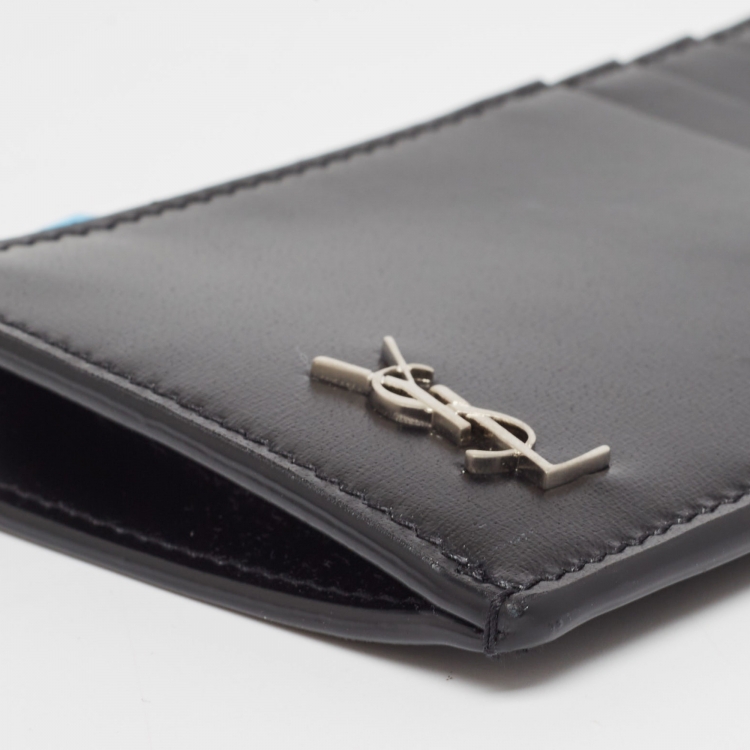 Pre Owned Saint Laurent Black Leather Zip Card Case