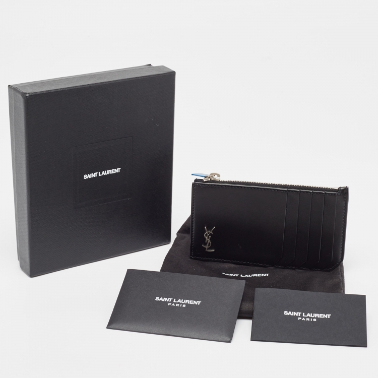 Pre Owned Saint Laurent Black Leather Zip Card Case