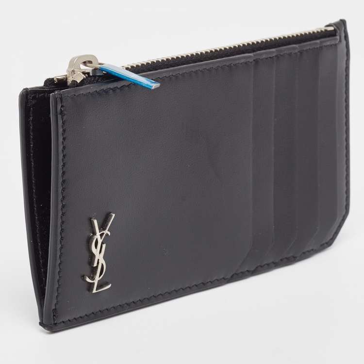 Pre Owned Saint Laurent Black Leather Zip Card Case
