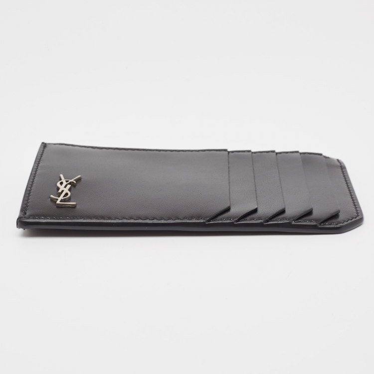 Pre Owned Saint Laurent Black Leather Zip Card Case