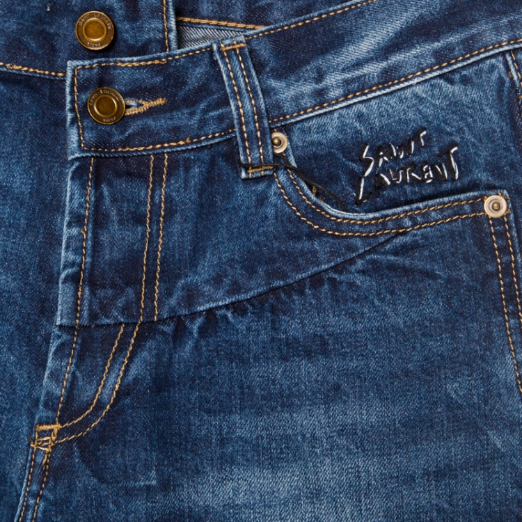 Pre Owned Saint Laurent Paris Indigo Dark Wash Faded Effect Denim Logo Embroidered Jeans S 