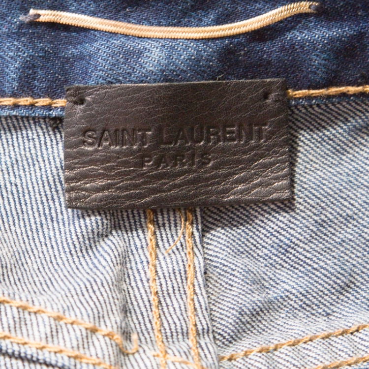 Pre Owned Saint Laurent Paris Indigo Dark Wash Faded Effect Denim Logo Embroidered Jeans S 