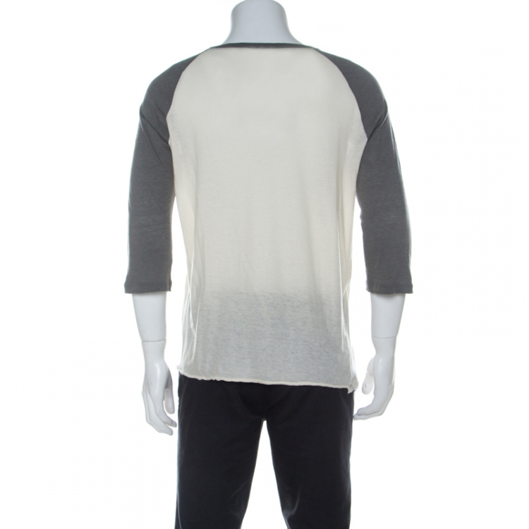 Pre Owned Saint Laurent Paris Bicolor Robot Print Cotton Wool Raglan Sleeve T-Shirt M