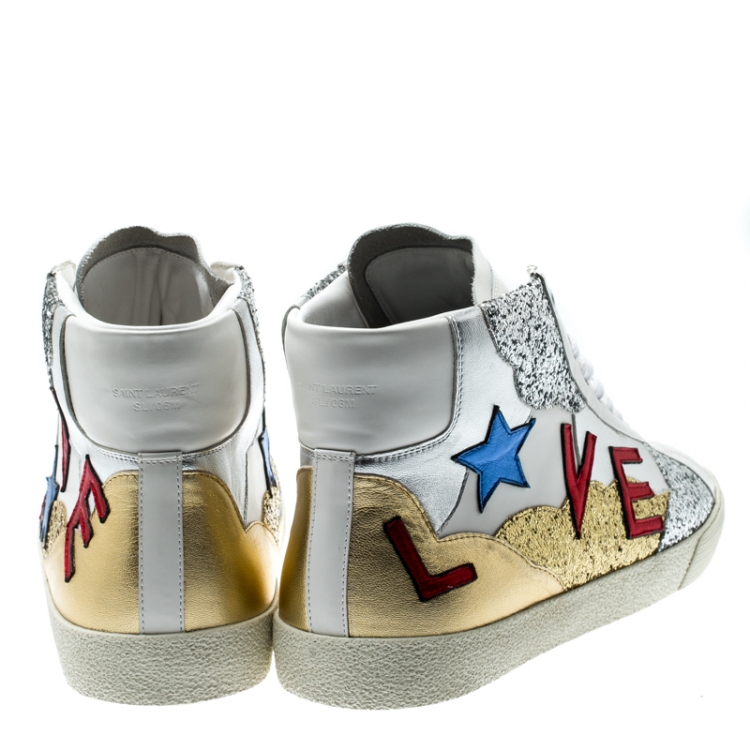 Pre Owned Saint Laurent Paris Tricolor Leather And Coarse Glitter Love High Top Sneakers Size 43.5