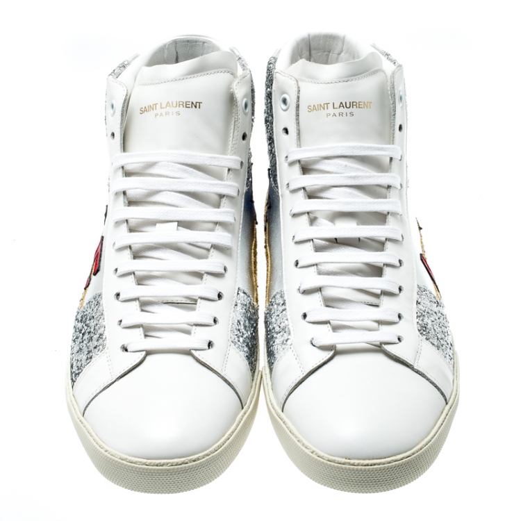Pre Owned Saint Laurent Paris Tricolor Leather And Coarse Glitter Love High Top Sneakers Size 43.5