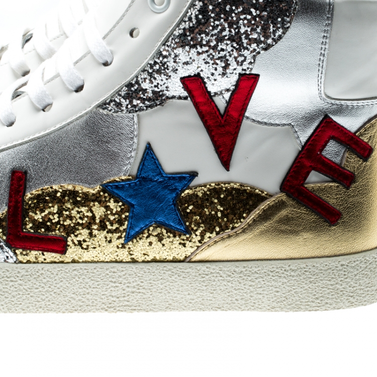 Pre Owned Saint Laurent Paris Tricolor Leather And Coarse Glitter Love High Top Sneakers Size 43.5