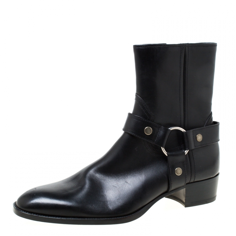Pre Owned Saint Laurent Black Leather Harness Ankle Boots Size 41