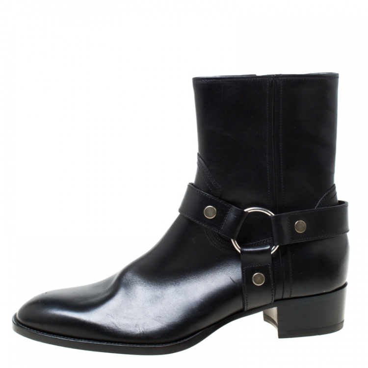 Pre Owned Saint Laurent Black Leather Harness Ankle Boots Size 41
