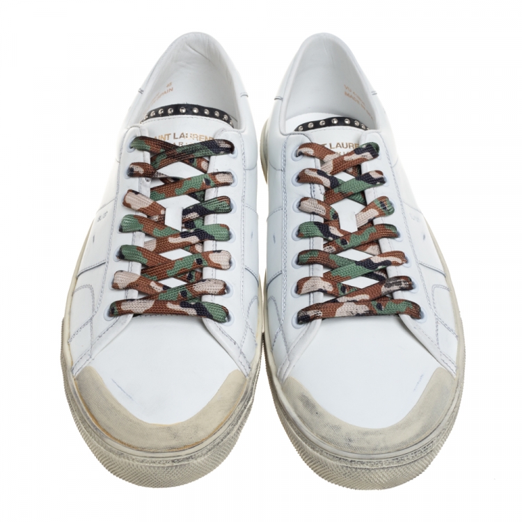 Pre Owned Saint Laurent Paris White Distressed Leather Camo Lace SL/37 Classic Court Sneakers Size 45
