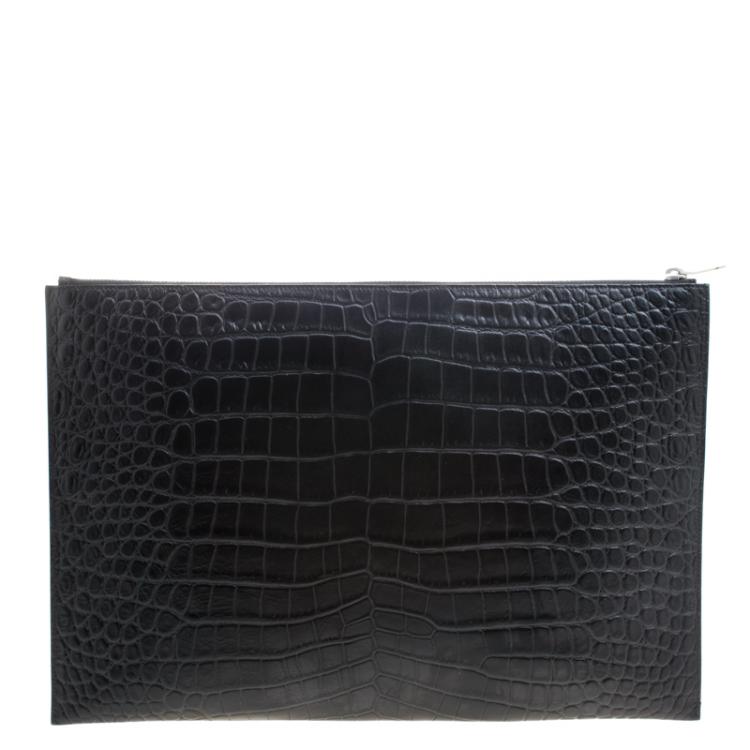 Pre Owned Saint Laurent Paris Black Croc Embossed Leather Porte Document