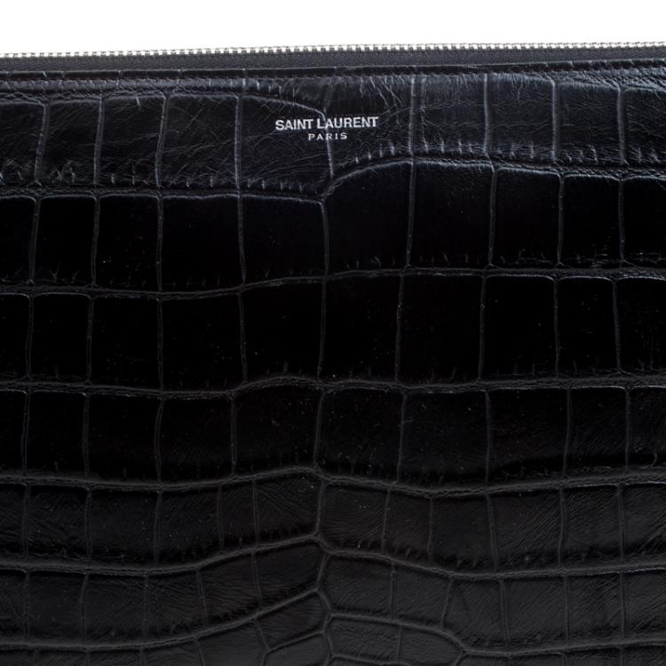 Pre Owned Saint Laurent Paris Black Croc Embossed Leather Porte Document