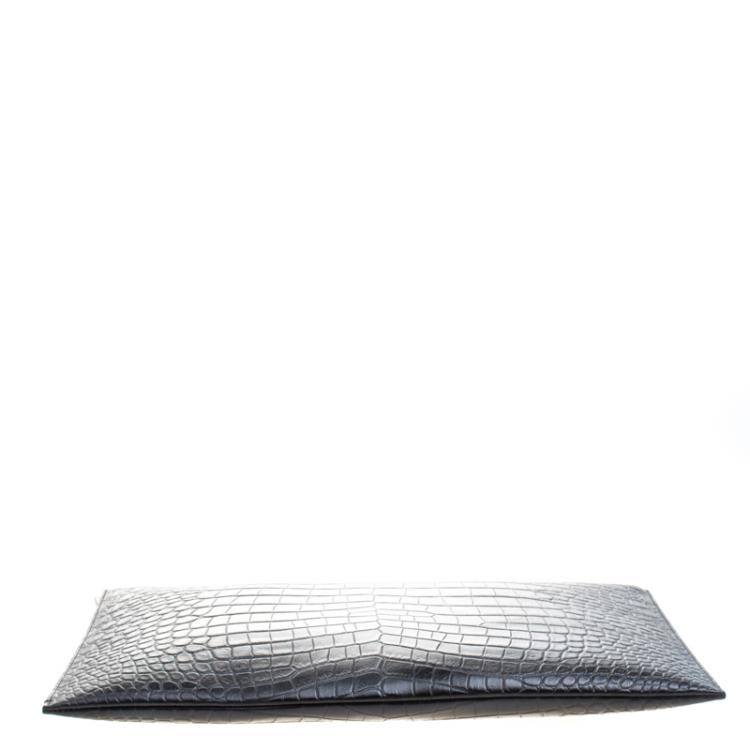 Pre Owned Saint Laurent Paris Black Croc Embossed Leather Porte Document