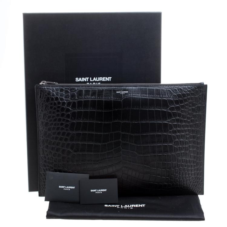 Pre Owned Saint Laurent Paris Black Croc Embossed Leather Porte Document