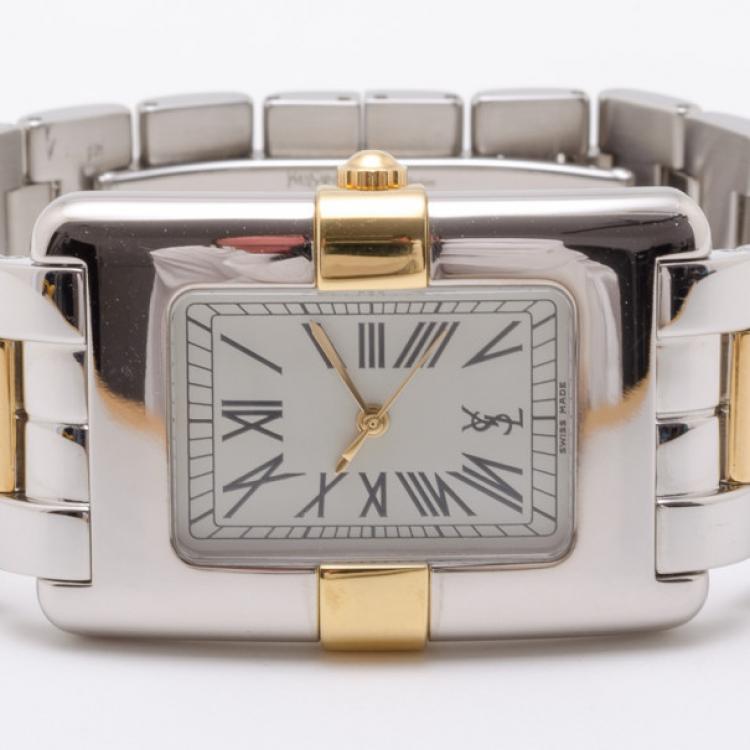 Pre Owned Yves Saint Laurent Rectangular Two Toned Unisex Wristwatch