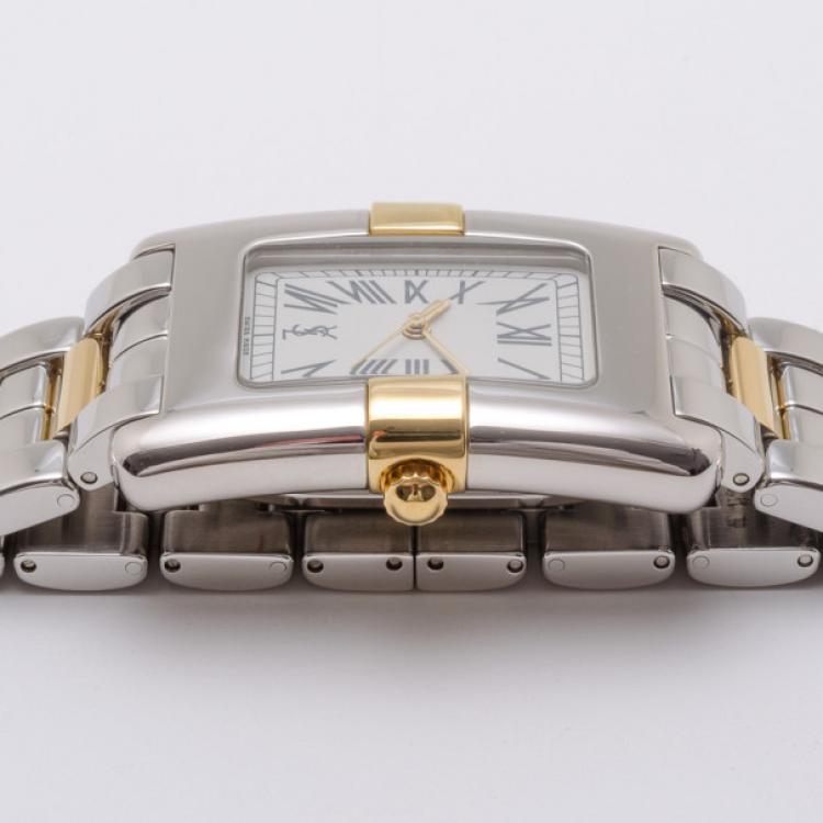 Pre Owned Yves Saint Laurent Rectangular Two Toned Unisex Wristwatch