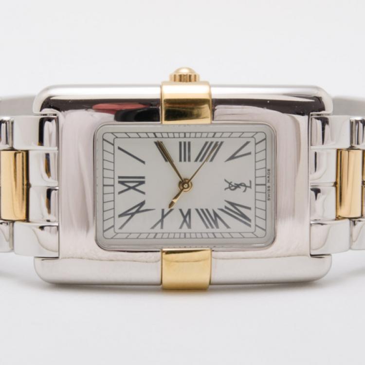 Pre Owned Yves Saint Laurent Rectangular Two Toned Unisex Wristwatch