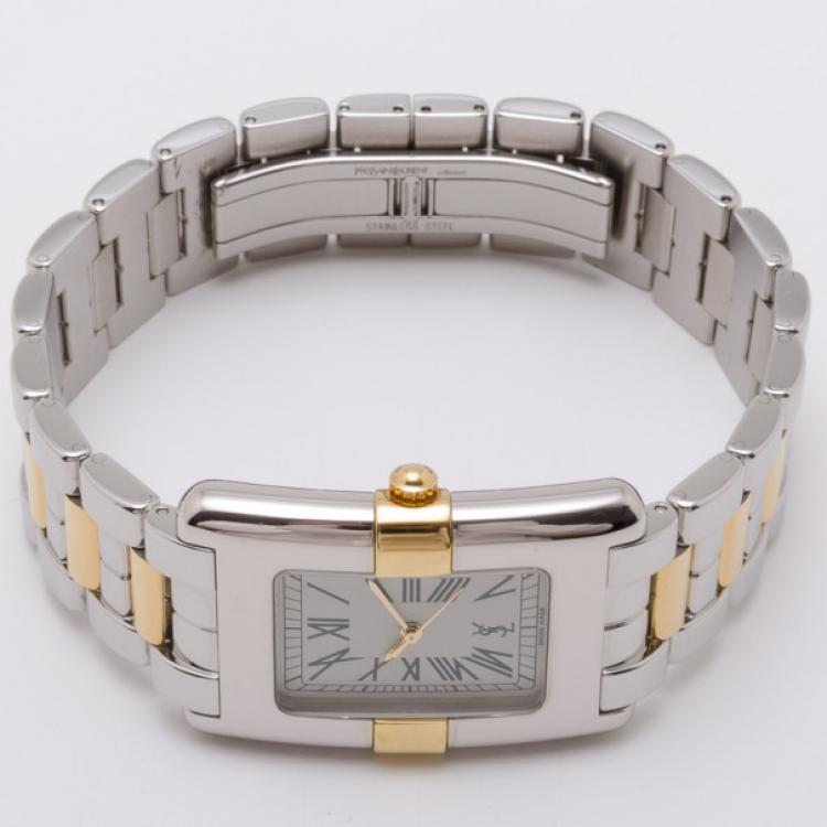 Pre Owned Yves Saint Laurent Rectangular Two Toned Unisex Wristwatch