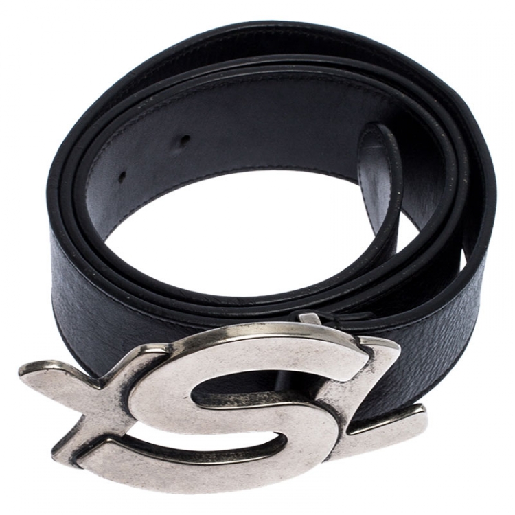 Pre Owned Saint Laurent Paris Black Leather YSL Logo Buckle Belt 100CM