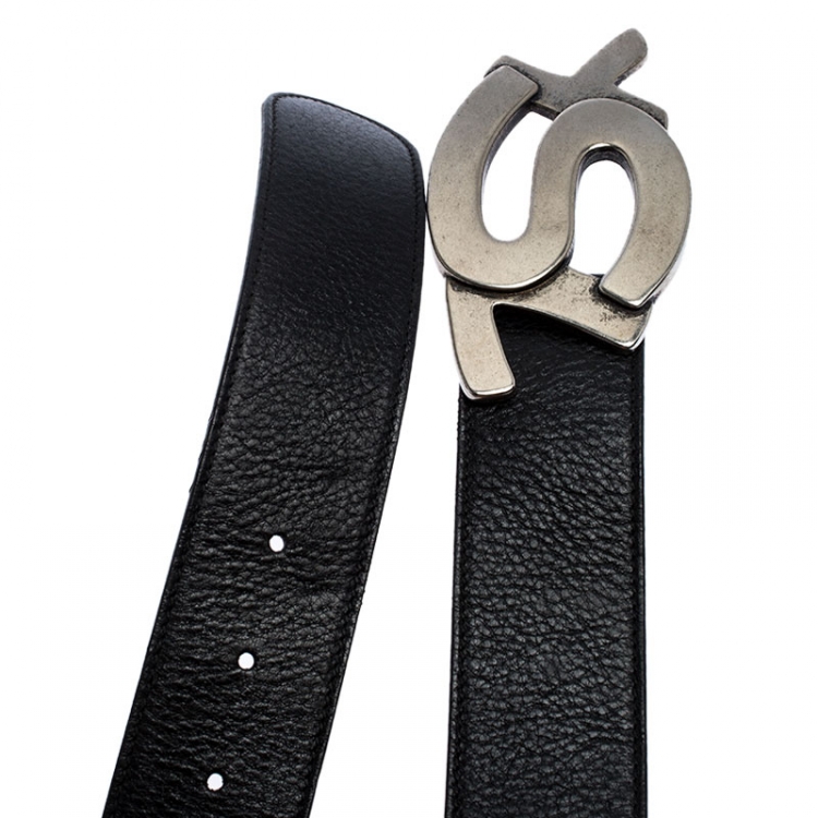 Pre Owned Saint Laurent Paris Black Leather YSL Logo Buckle Belt 100CM
