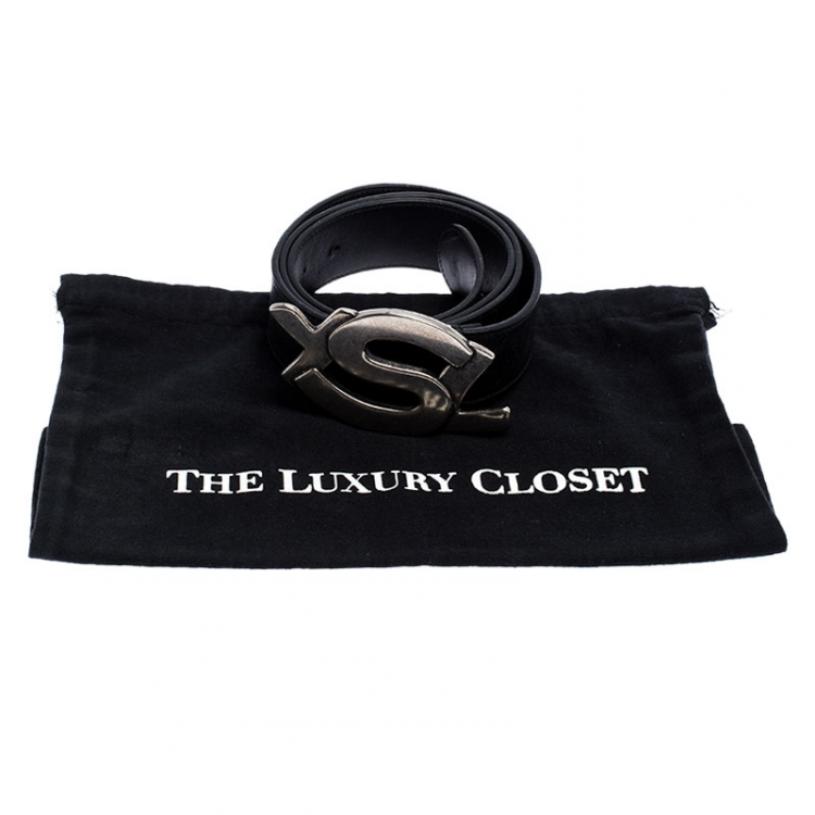Pre Owned Saint Laurent Paris Black Leather YSL Logo Buckle Belt 100CM