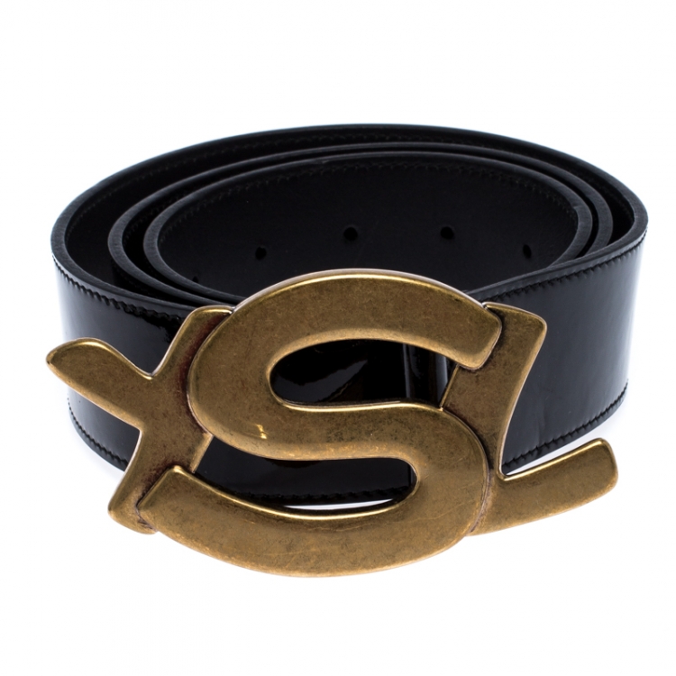 Pre Owned Saint Laurent Paris Black Patent Leather YSL Logo Buckle Belt 100CM