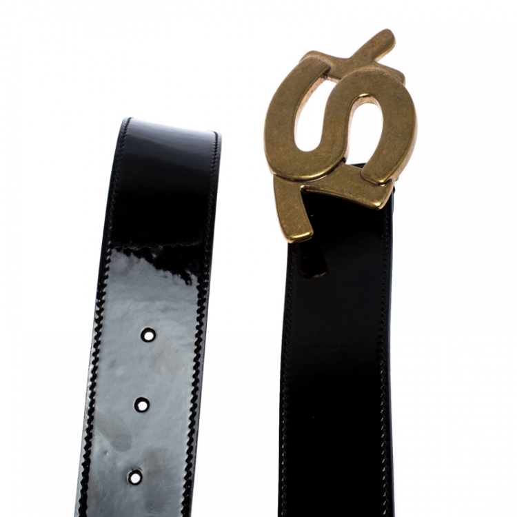 Pre Owned Saint Laurent Paris Black Patent Leather YSL Logo Buckle Belt 100CM