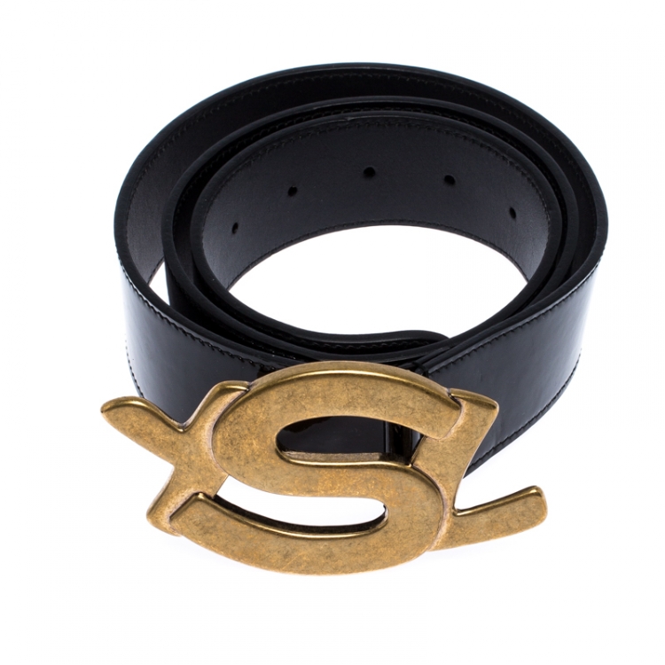 Pre Owned Saint Laurent Paris Black Patent Leather YSL Logo Buckle Belt 100CM
