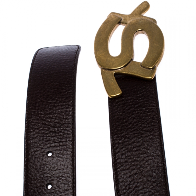 Pre Owned Saint Laurent Paris Dark Brown Leather YSL Logo Buckle  Belt 100CM