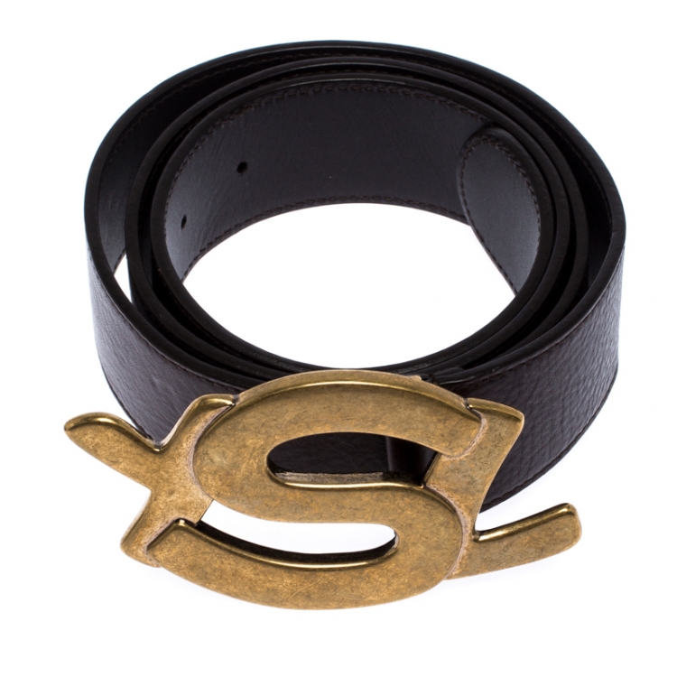 Pre Owned Saint Laurent Paris Dark Brown Leather YSL Logo Buckle  Belt 100CM