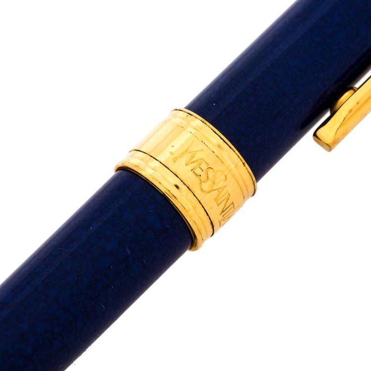 Pre Owned Yves Saint Laurent Blue Lacquer Gold Tone Fountain Pen 