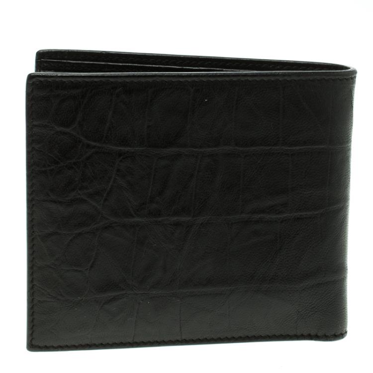 Pre Owned Saint Laurent Black Croc Embossed Leather Bifold Wallet