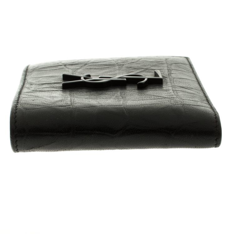 Pre Owned Saint Laurent Black Croc Embossed Leather Bifold Wallet