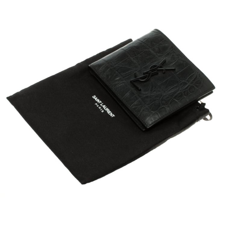 Pre Owned Saint Laurent Black Croc Embossed Leather Bifold Wallet