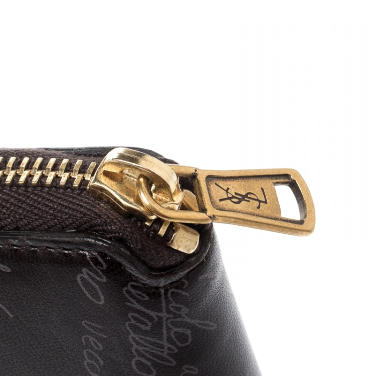 Pre Owned Saint Laurent Paris Black Printed Leather Zip Around Compact Wallet