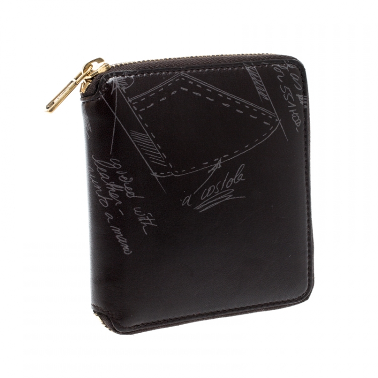Pre Owned Saint Laurent Paris Black Printed Leather Zip Around Compact Wallet