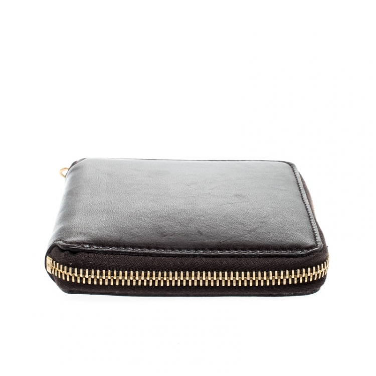 Pre Owned Saint Laurent Paris Black Printed Leather Zip Around Compact Wallet