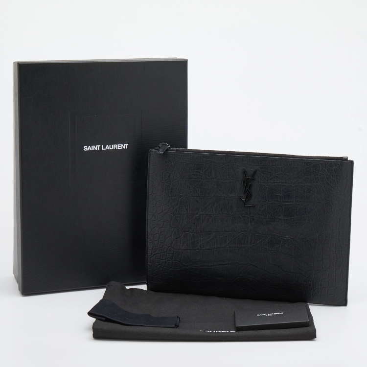 Pre Owned Saint Laurent Black Croc Embossed Leather Monogram Pouch