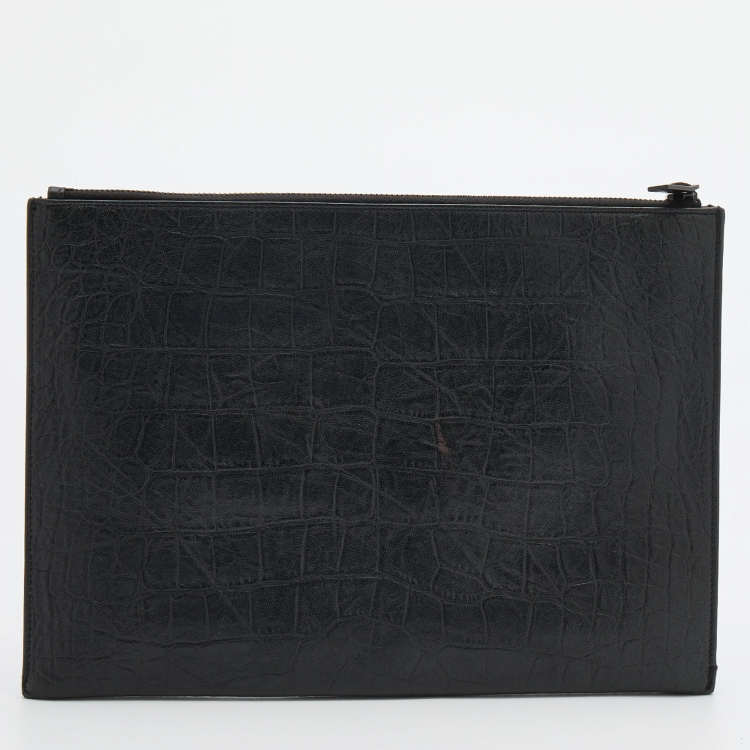 Pre Owned Saint Laurent Black Croc Embossed Leather Monogram Pouch