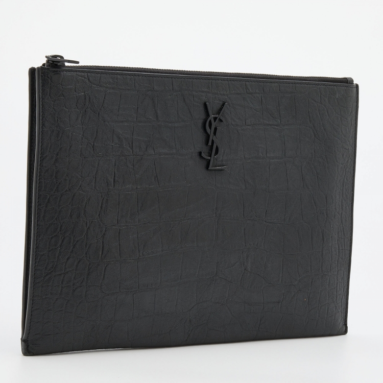 Pre Owned Saint Laurent Black Croc Embossed Leather Monogram Pouch