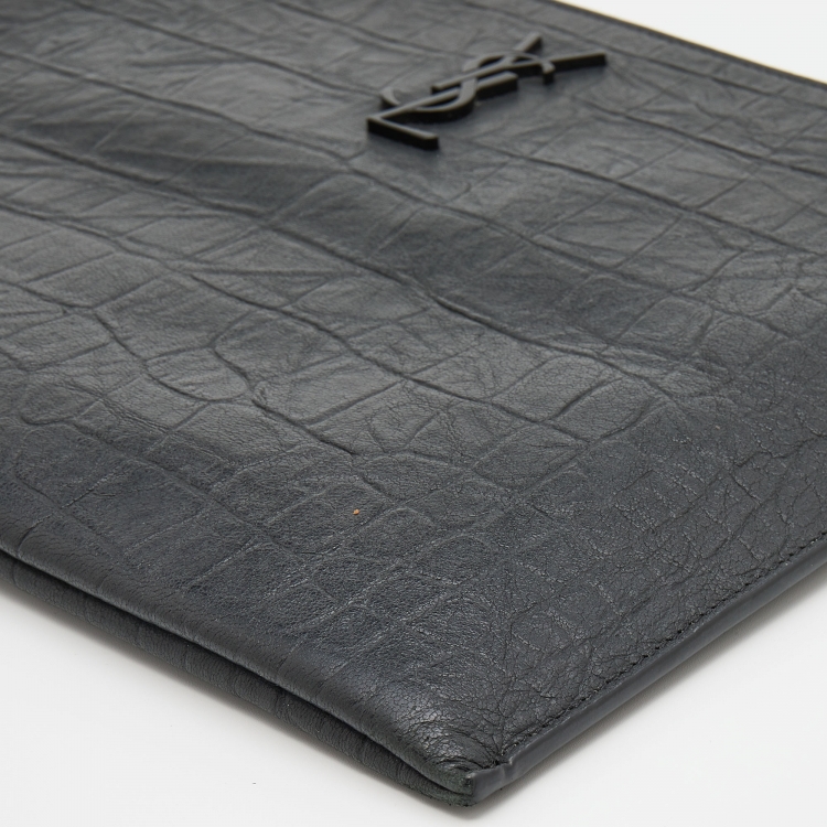 Pre Owned Saint Laurent Black Croc Embossed Leather Monogram Pouch
