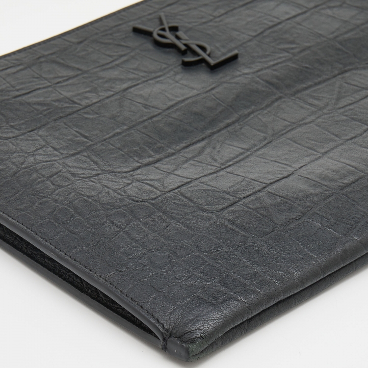 Pre Owned Saint Laurent Black Croc Embossed Leather Monogram Pouch