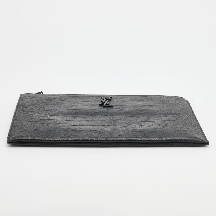 Pre Owned Saint Laurent Black Croc Embossed Leather Monogram Pouch