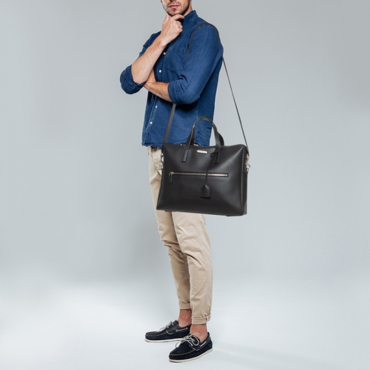 Pre Owned Saint Laurent Black Leather Front Pocket Briefcase Bag