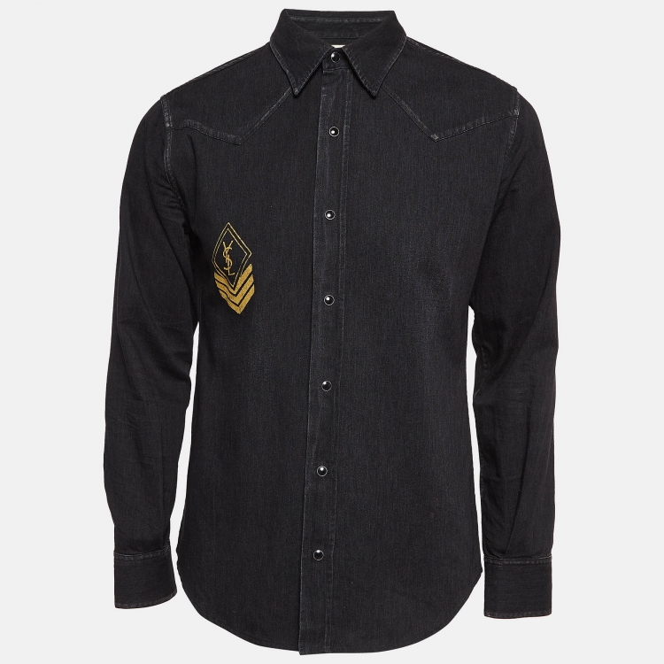 Pre Owned Saint Laurent Paris Black Logo Printed Denim Shirt XL