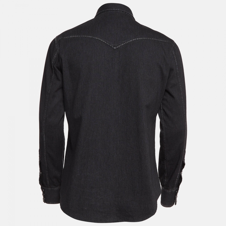 Pre Owned Saint Laurent Paris Black Logo Printed Denim Shirt XL