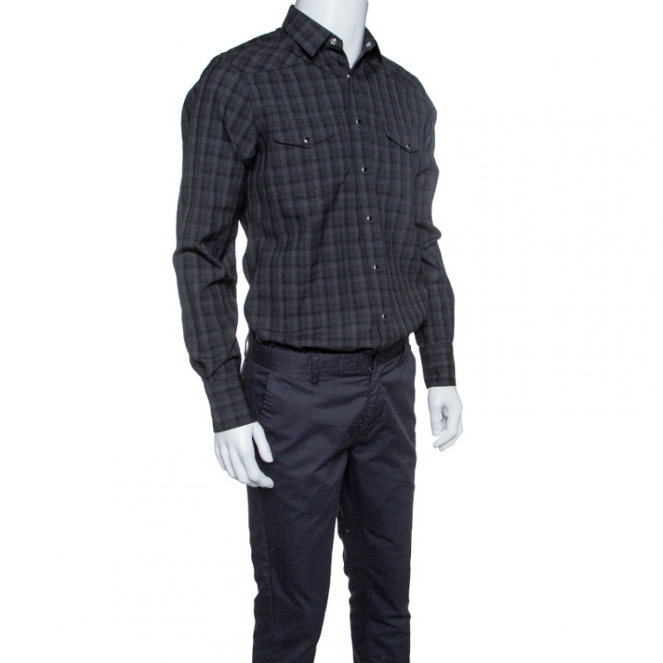 Pre Owned Saint Laurent Paris Grey Checkered Wool Long Sleeve Shirt M