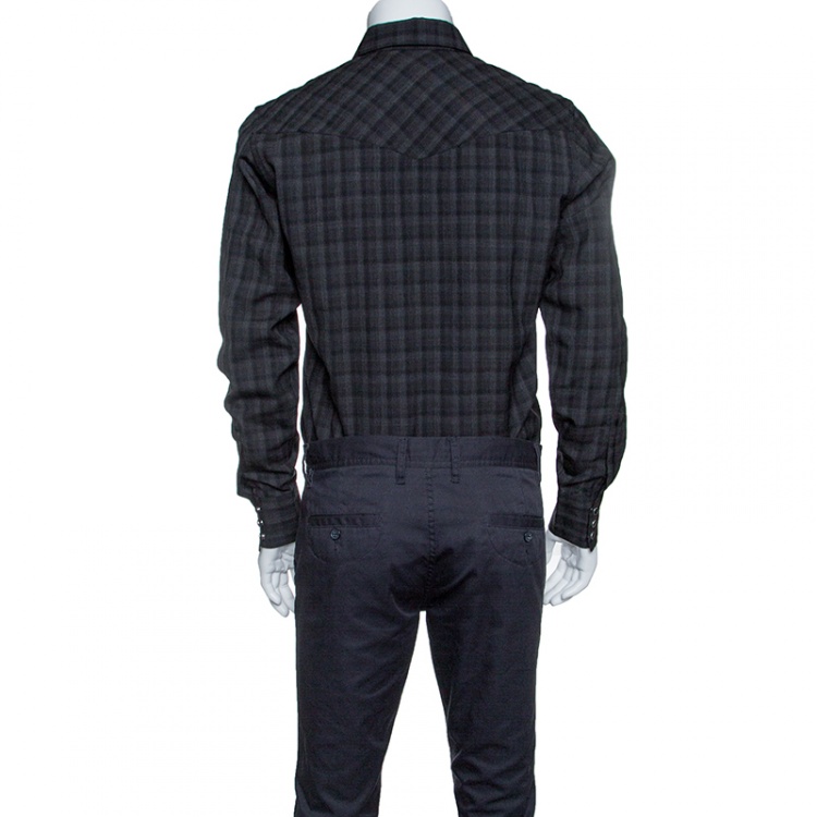 Pre Owned Saint Laurent Paris Grey Checkered Wool Long Sleeve Shirt M
