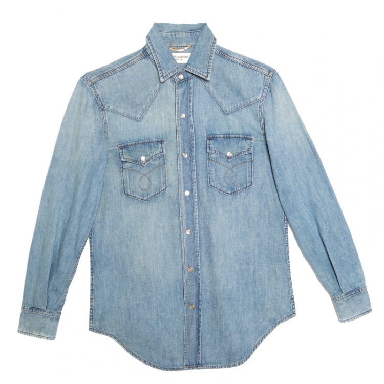 Saint Laurent Paris Indigo Faded Effect Denim Western Shirt Saint Laurent Paris Indigo Faded Effect Denim Western Shirt
