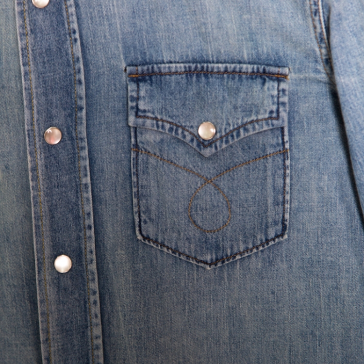 Pre Owned Saint Laurent Paris Indigo Faded Effect Denim Western Shirt  XS