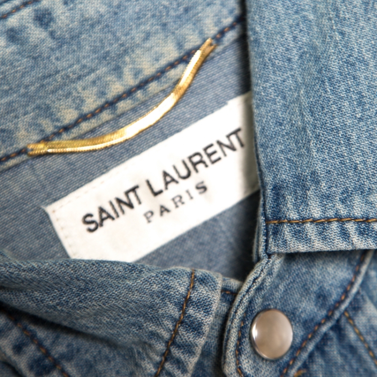 Pre Owned Saint Laurent Paris Indigo Faded Effect Denim Western Shirt  XS